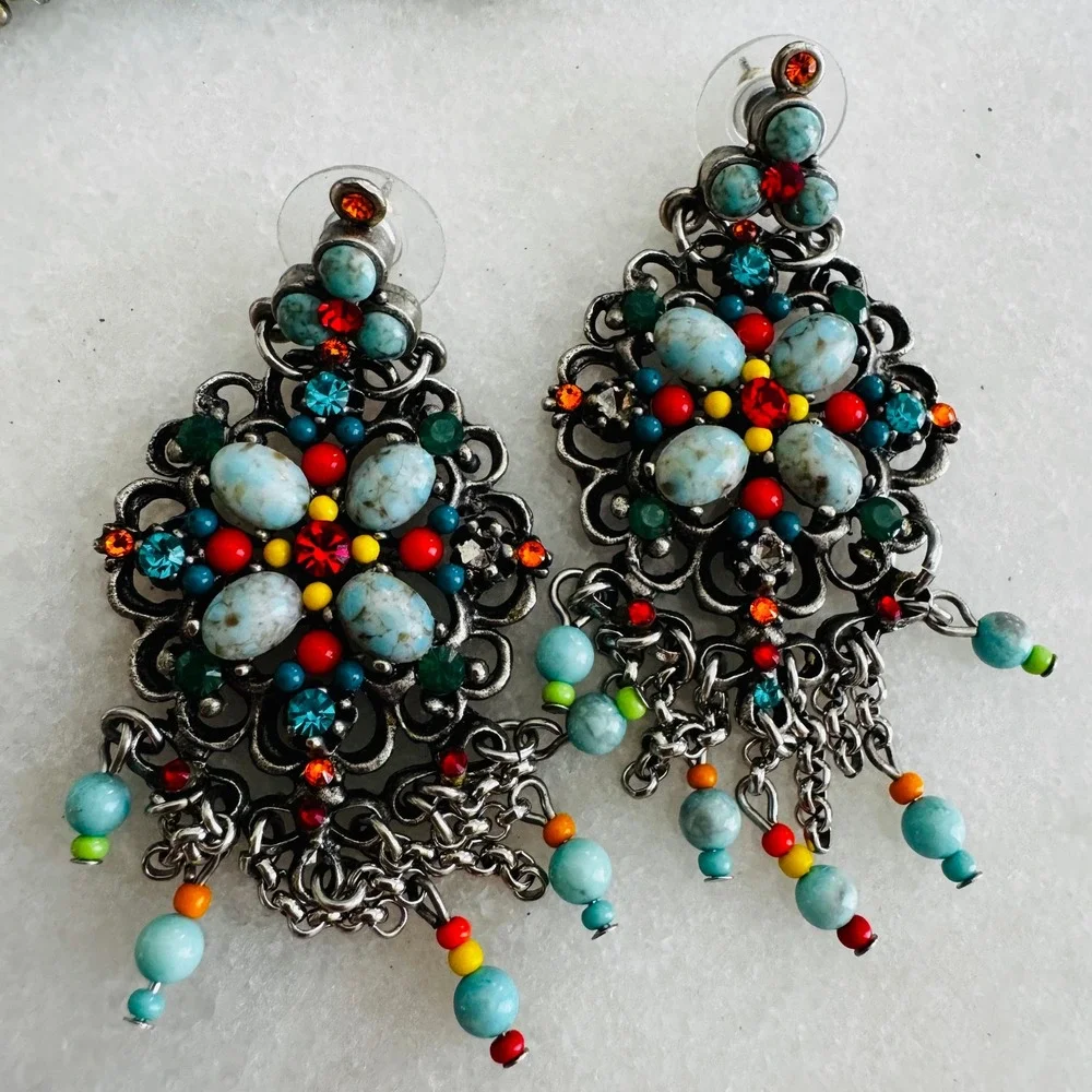 Boho Faux Turquoise Multi-Color Rhinestone Bracelet & Chandelier Earring Set